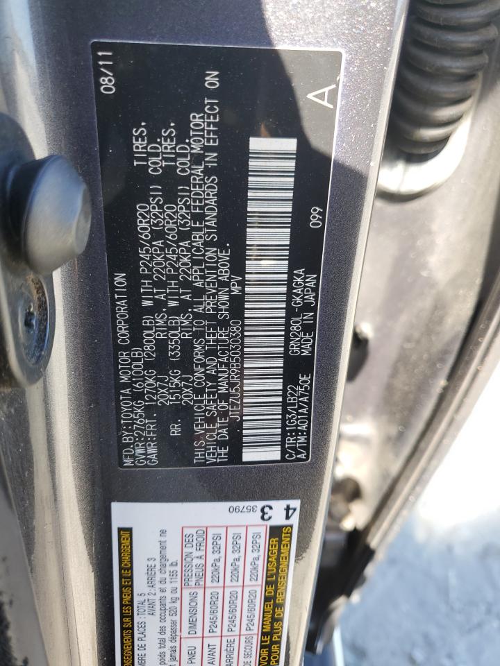2011 Toyota 4Runner VIN JTEZU5JR9B5030380 Copart auction photo, side damage thumbnail 12