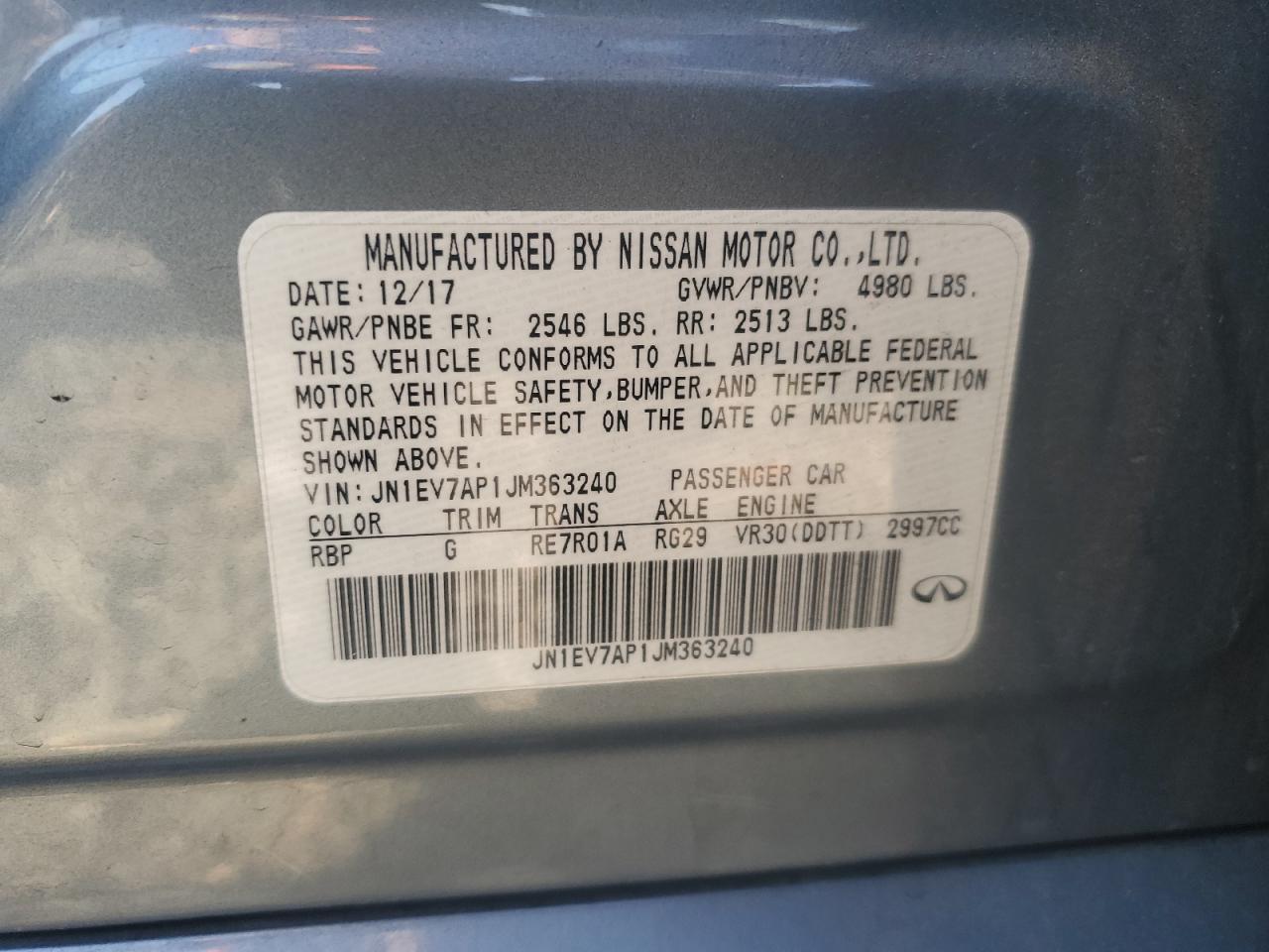 2018 Infiniti Q50 VIN JN1EV7AP1JM363240 Copart auction photo, front end damage thumbnail 14