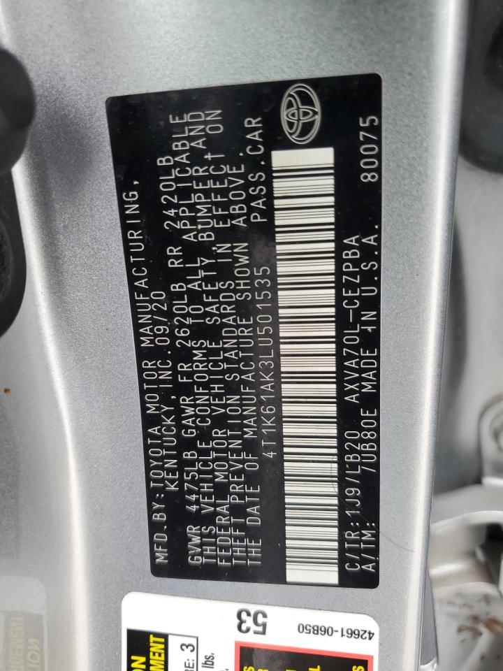 2020 Toyota Camry VIN 4T1K61AK3LU501535 Copart auction photo, water/flood damage thumbnail 12
