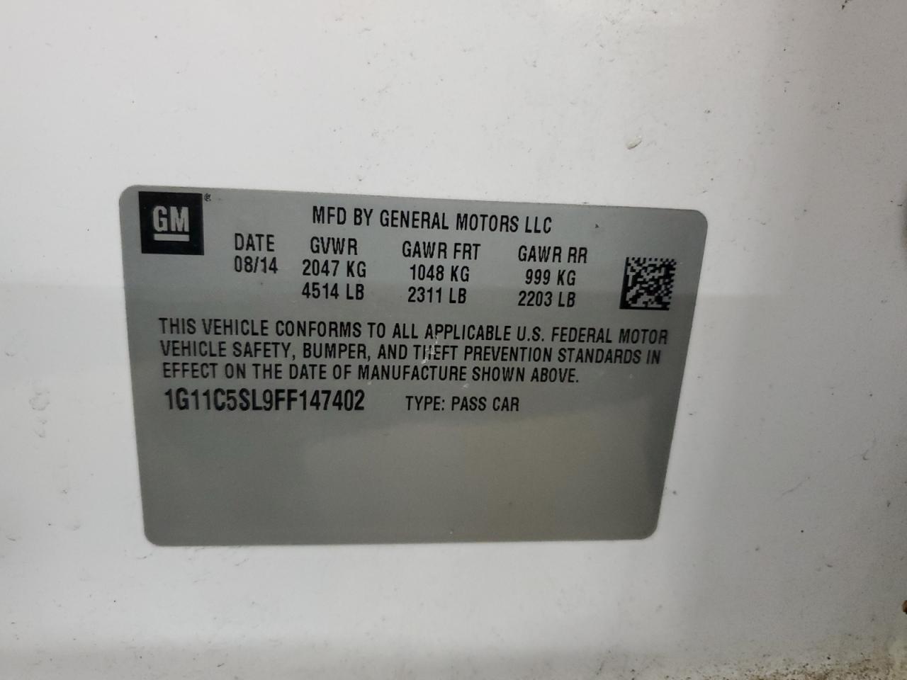 2015 Chevrolet Malibu VIN 1G11C5SL9FF147402 Copart auction photo, front end damage thumbnail 14