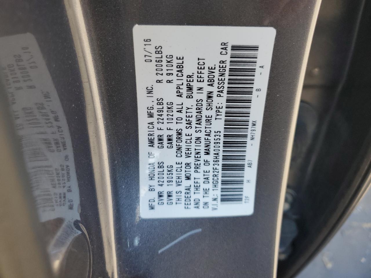 2017 Honda Accord VIN 1HGCR2F36HA009535 Copart auction photo, front end / rear end damage thumbnail 12