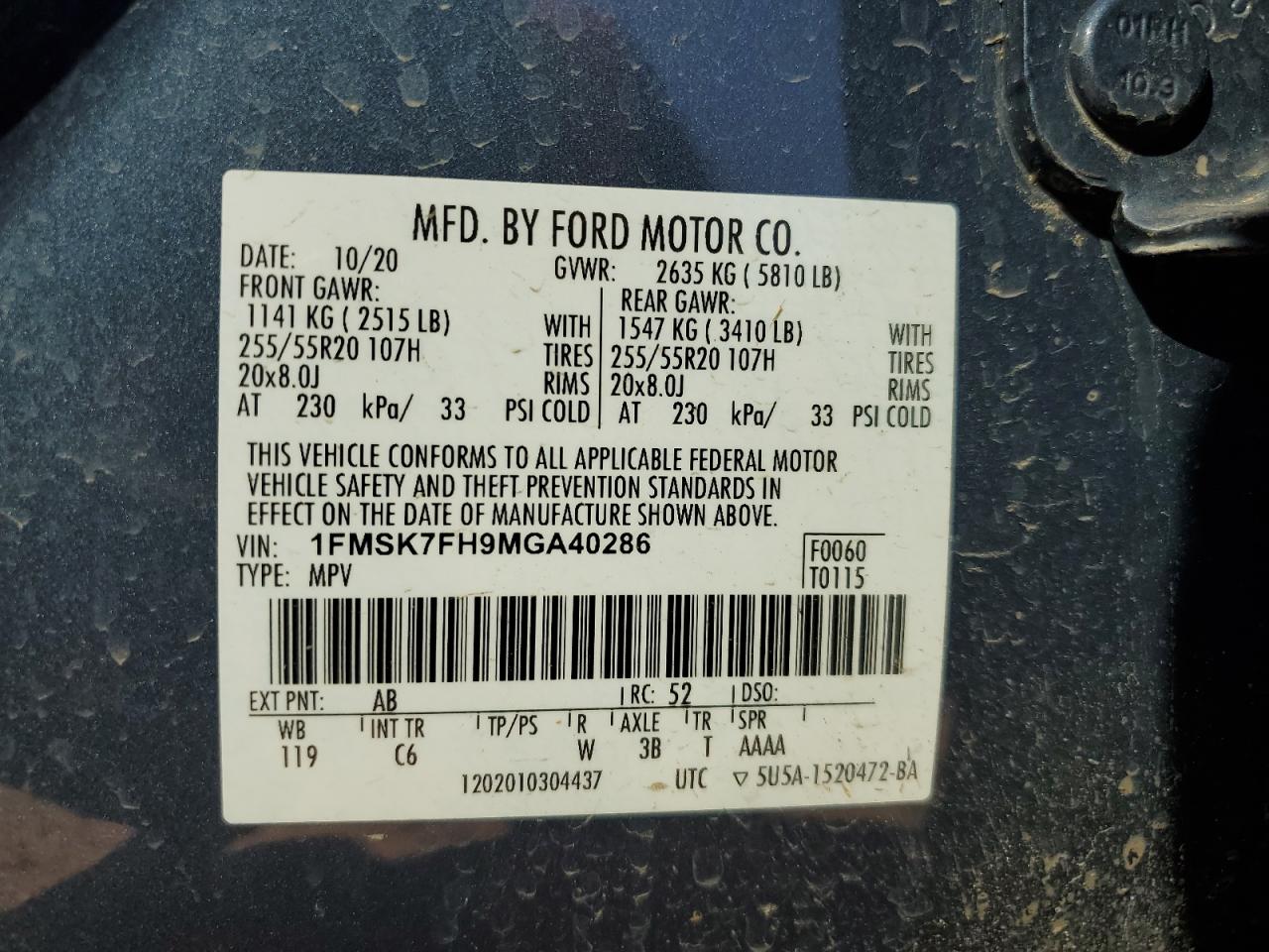 2021 Ford Explorer VIN 1FMSK7FH9MGA40286 Copart auction photo, side / minor dent/scratches damage thumbnail 13