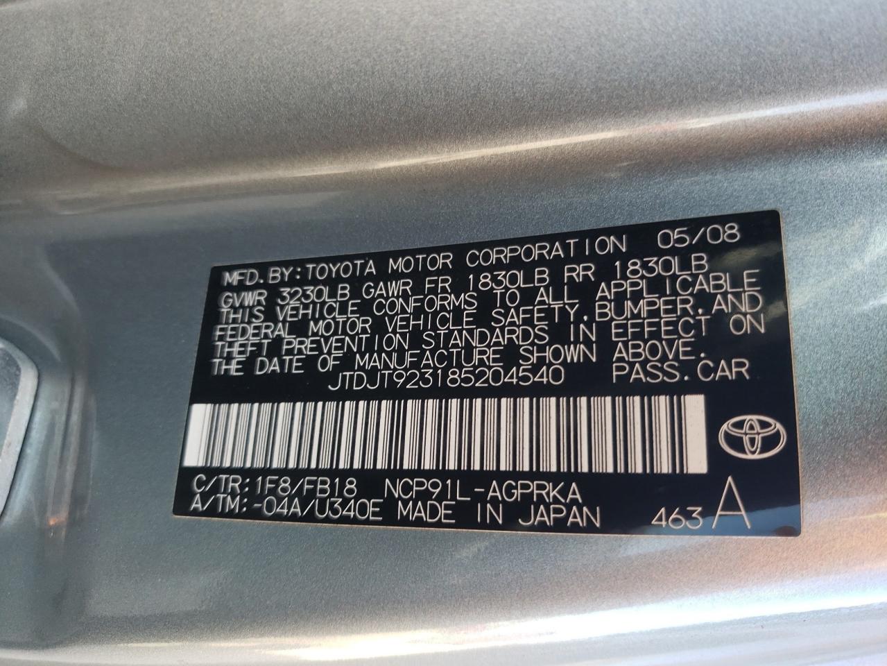 2008 Toyota Yaris VIN JTDJT923185204540 Copart auction photo, front end / rear end damage thumbnail 15
