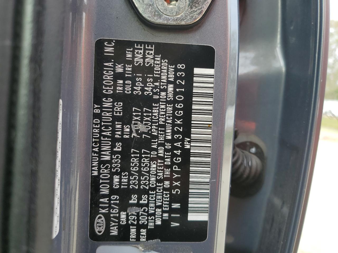 2019 KIA Sorento VIN 5XYPG4A32KG601238 Copart auction photo, front end damage thumbnail 13