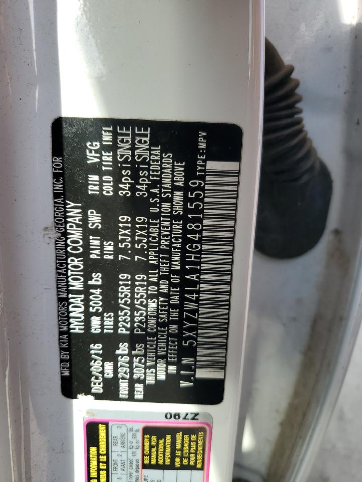 2017 Hyundai Santa Fe VIN 5XYZW4LA1HG481559 Copart auction photo, minor dent/scratches damage thumbnail 13