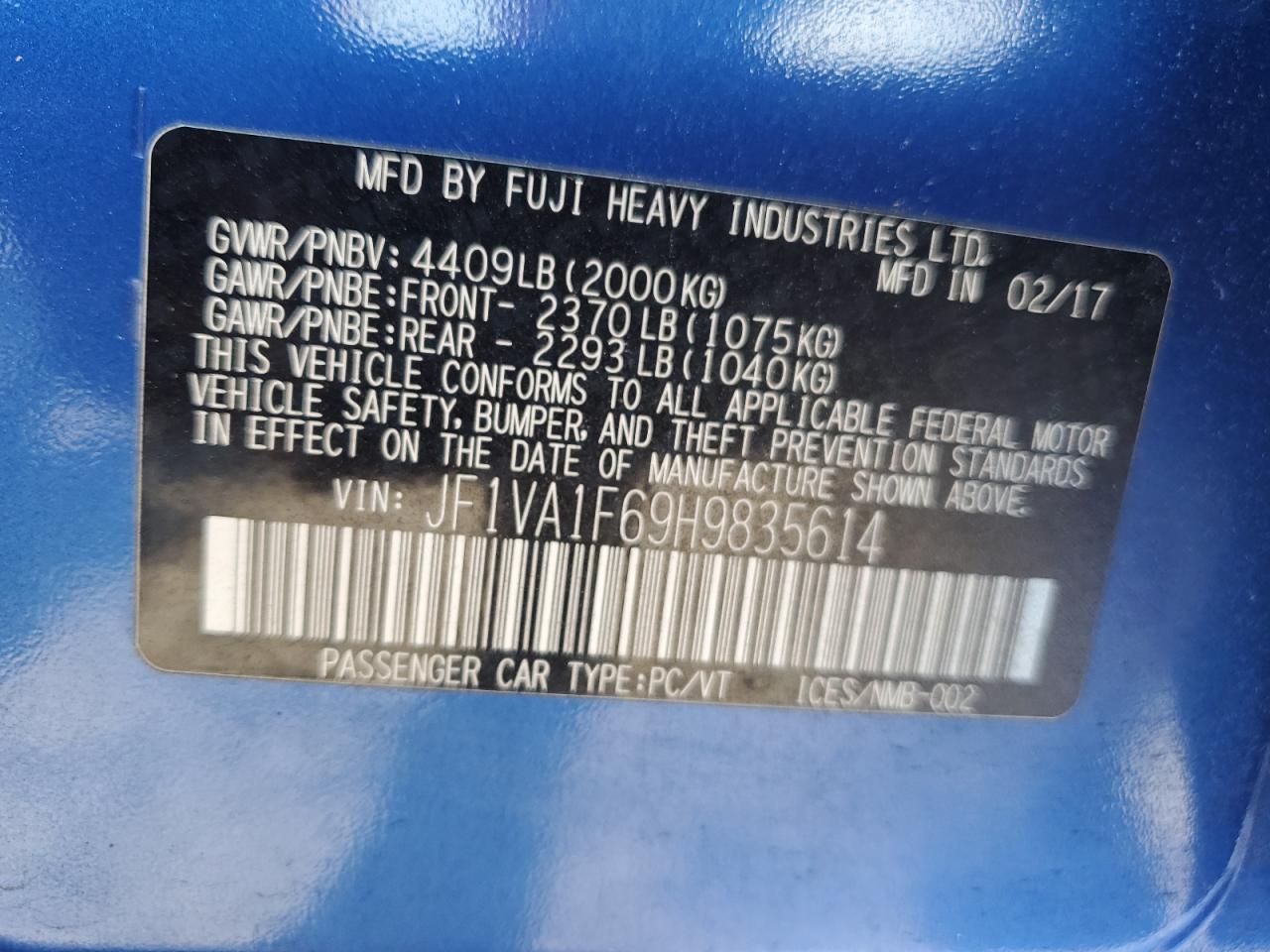 2017 Subaru WRX VIN JF1VA1F69H9835614 Copart auction photo, front end damage thumbnail 13