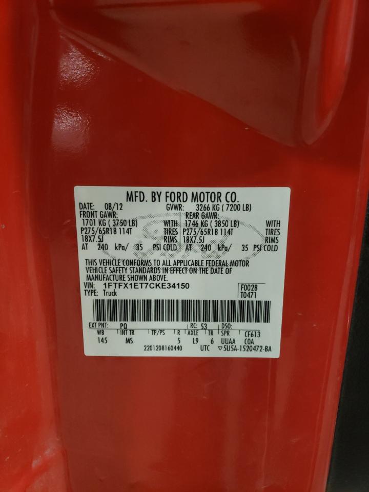 2012 Ford F-150 VIN 1FTFX1ET7CKE34150 Copart auction photo, front end / side damage thumbnail 12