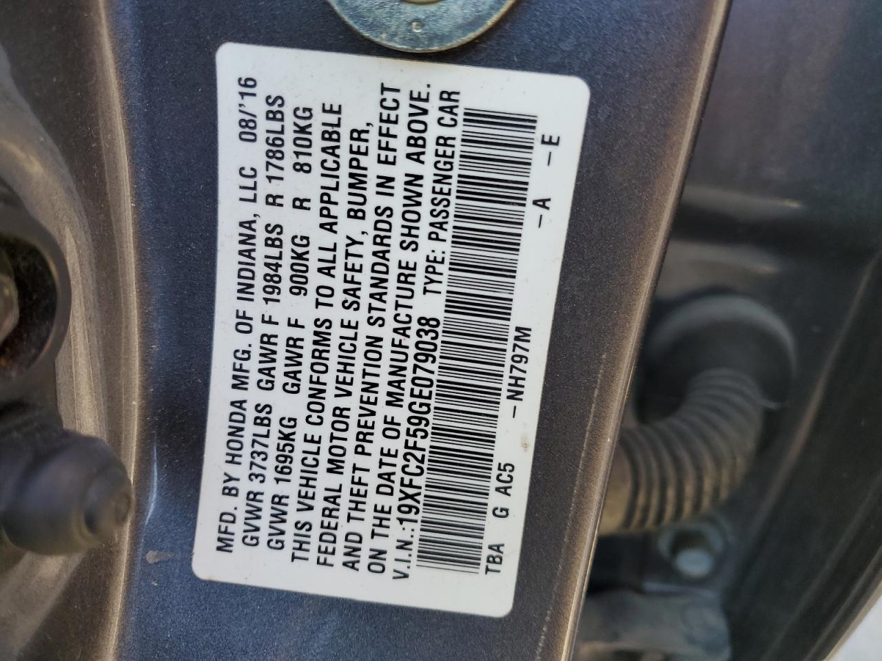 2016 Honda Civic VIN 19XFC2F59GE079038 Copart auction photo, side damage thumbnail 12