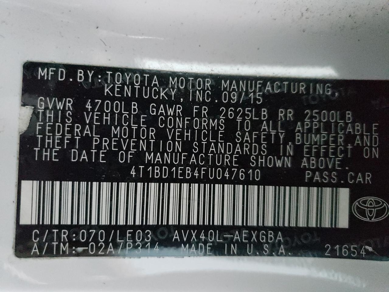 2015 Toyota Avalon VIN 4T1BD1EB4FU047610 Copart auction photo, rear end / hail damage thumbnail 12