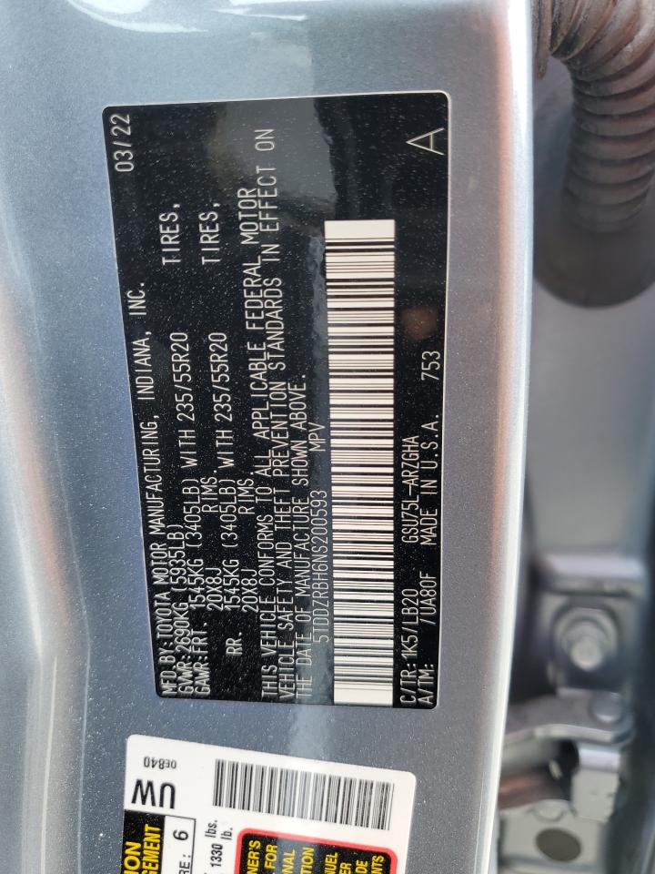 2022 Toyota Highlander VIN 5TDDZRBH6NS200593 Copart auction photo, water/flood / minor dent/scratches damage thumbnail 14
