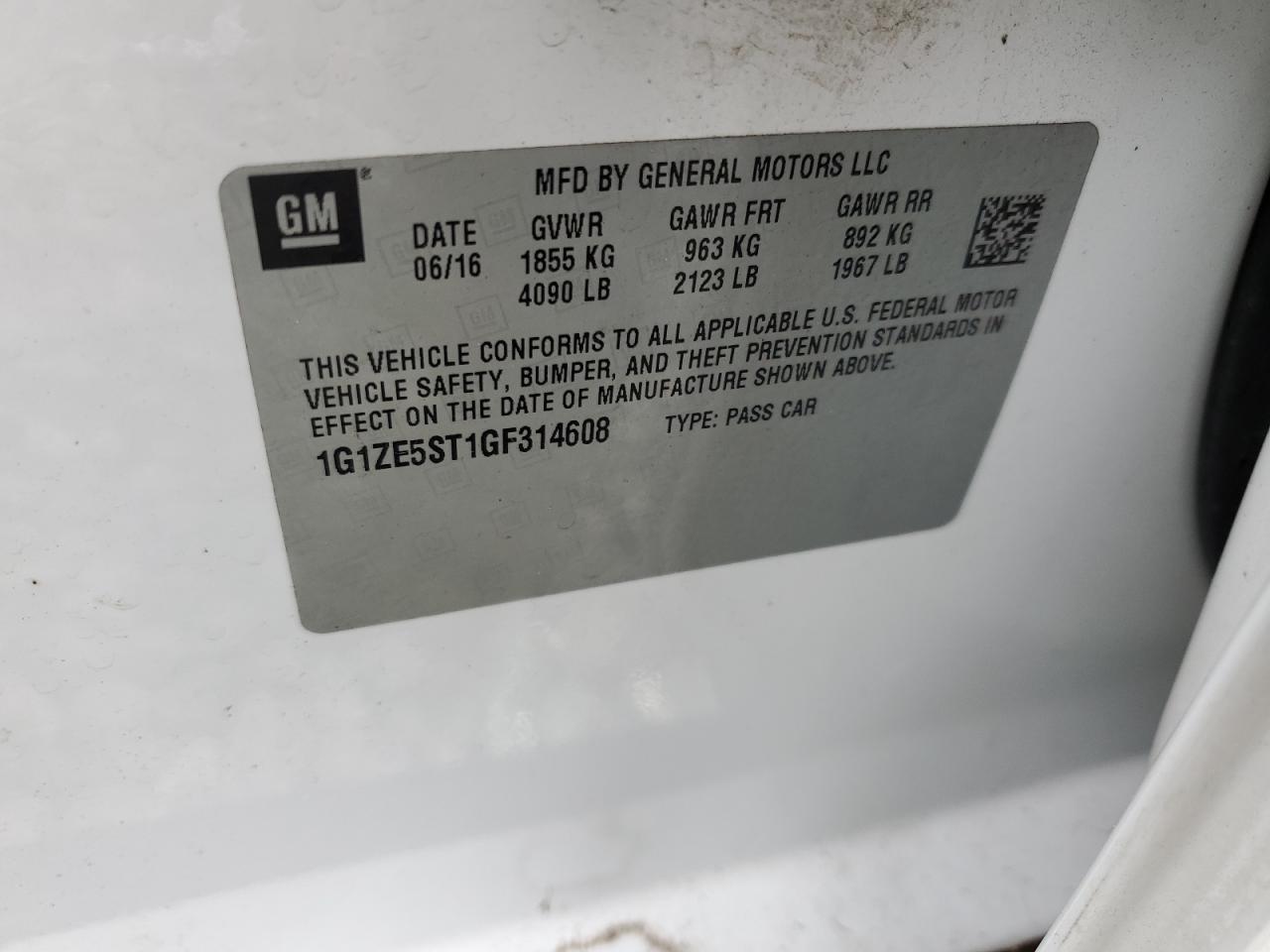 2016 Chevrolet Malibu VIN 1G1ZE5ST1GF314608 Copart auction photo, front end damage thumbnail 12