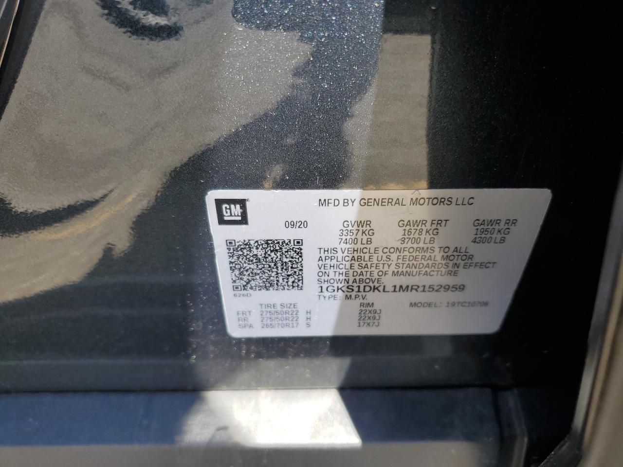2021 GMC Yukon VIN 1GKS1DKL1MR152959 Copart auction photo, top/roof damage thumbnail 13