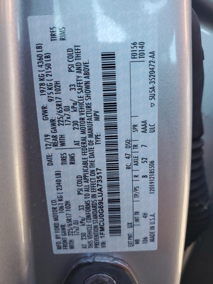 2020 Ford Escape VIN 1FMCU0G69LUA73517 Copart auction photo, water/flood damage thumbnail 14
