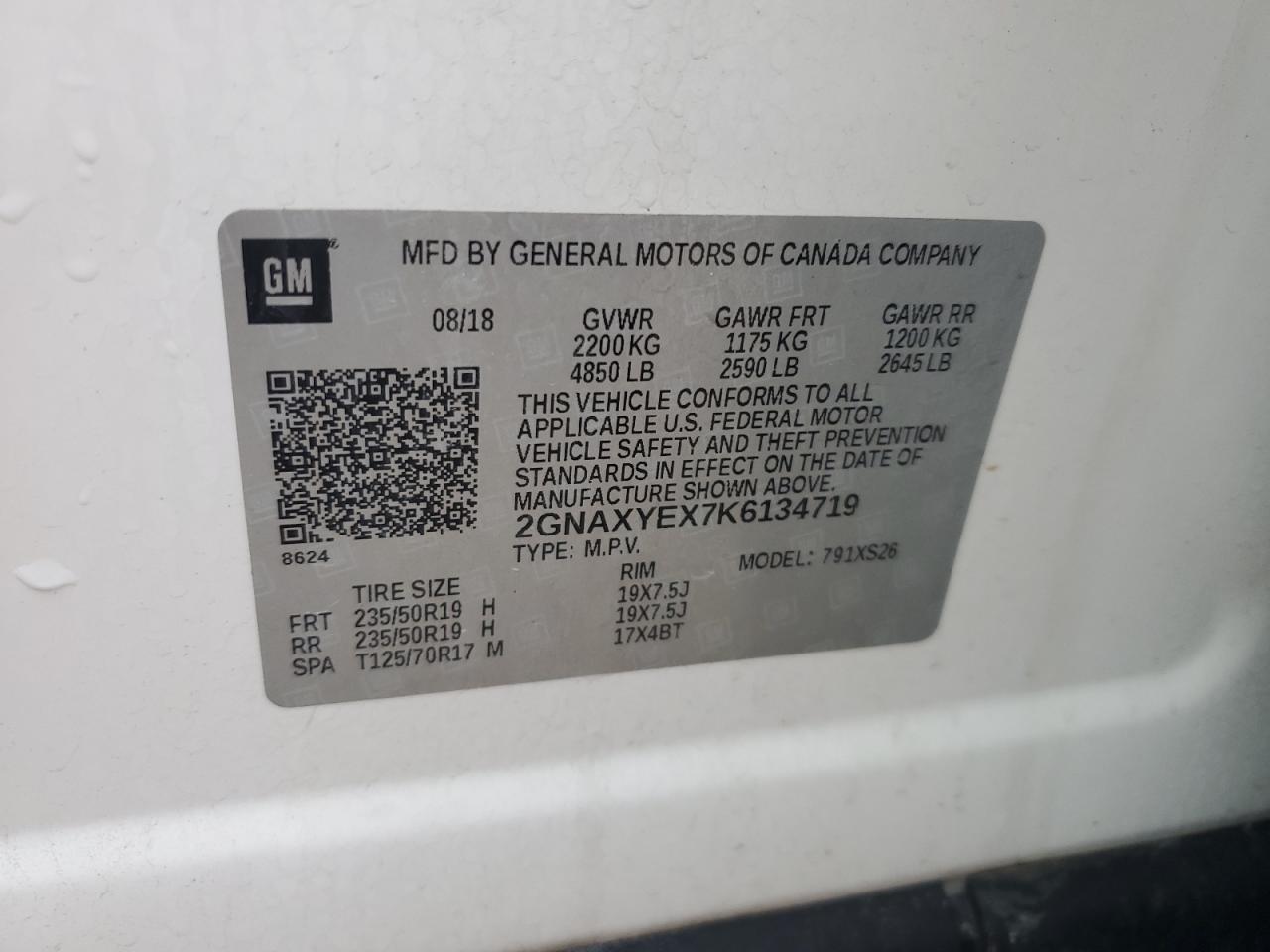 2019 Chevrolet Equinox VIN 2GNAXYEX7K6134719 Copart auction photo, front end damage thumbnail 15