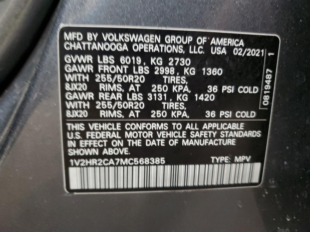 2021 Volkswagen Atlas VIN 1V2HR2CA7MC568385 Copart auction photo, side / rear end damage thumbnail 15