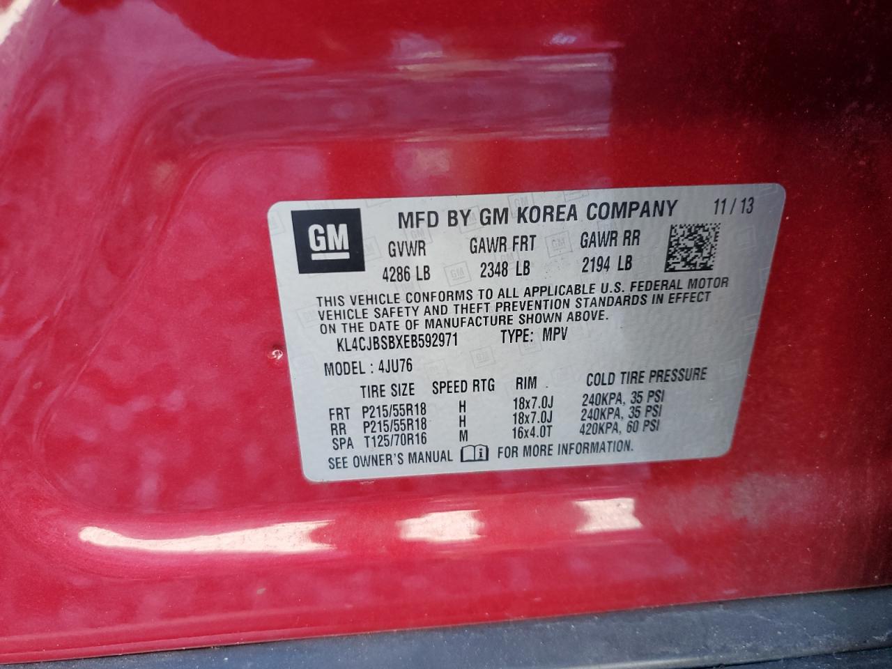 2014 Buick Encore VIN KL4CJBSBXEB592971 Copart auction photo, front end / side damage thumbnail 14