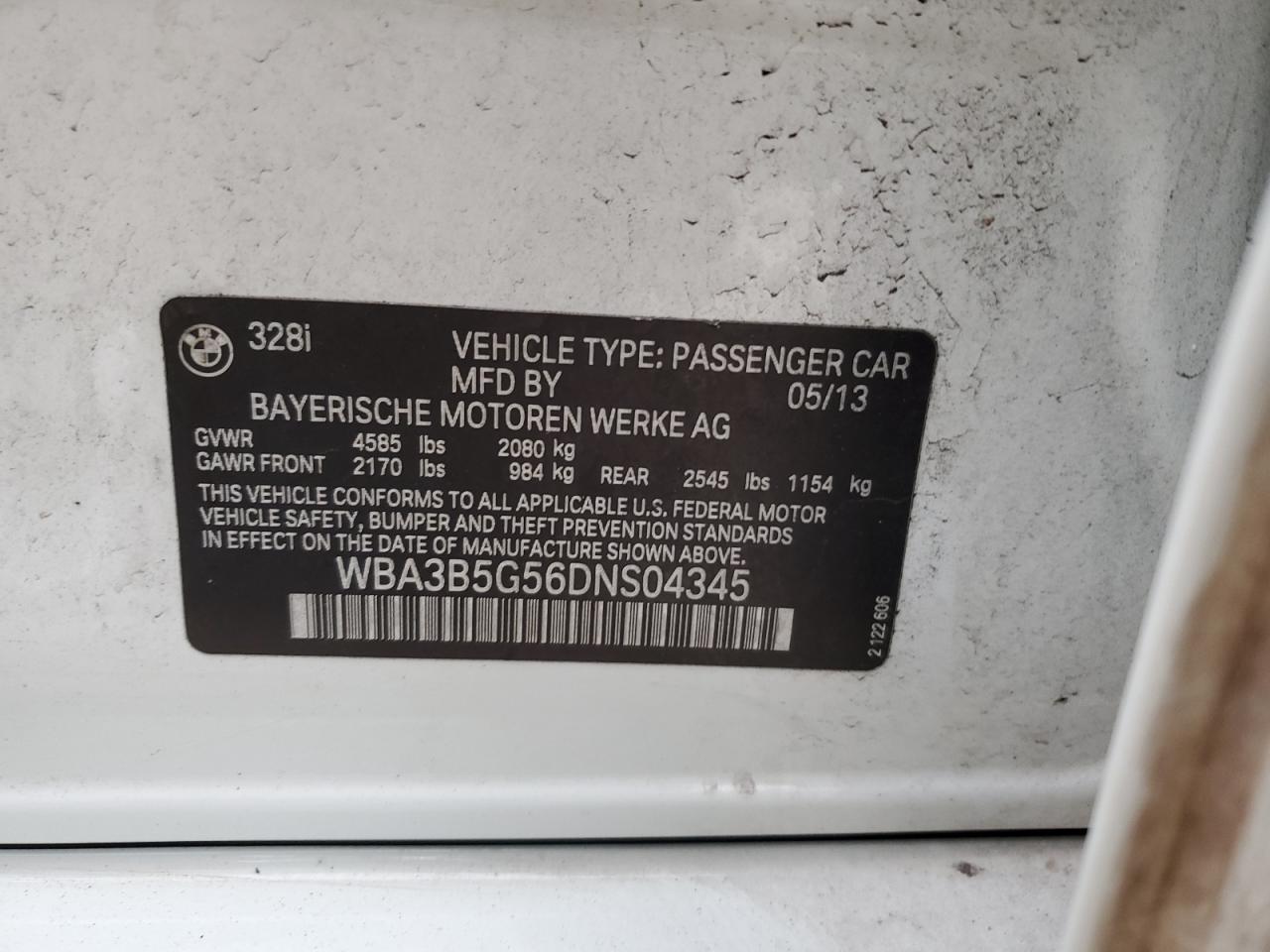 2013 BMW 3er VIN WBA3B5G56DNS04345 Copart auction photo, minor dent/scratches damage thumbnail 12