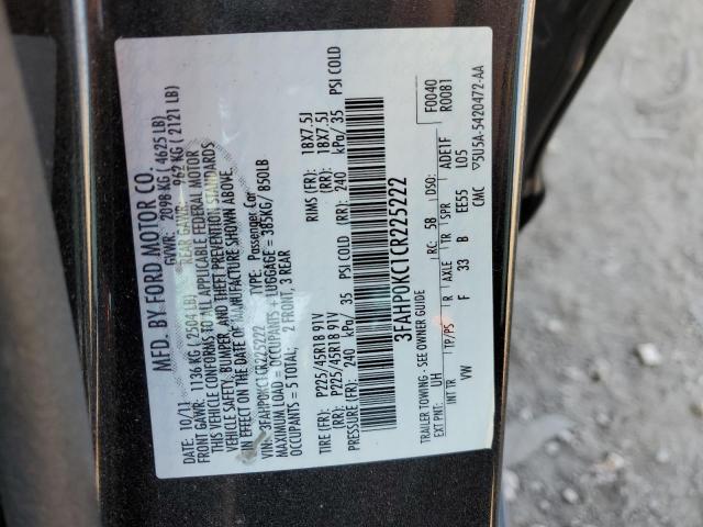 2012 Ford Fusion VIN 3FAHP0KC1CR225222 Copart auction photo, front end / side damage thumbnail 12