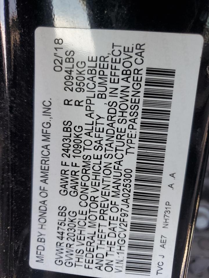 2018 Honda Accord VIN 1HGCV2F97JA025300 Copart auction photo, front end damage thumbnail 14