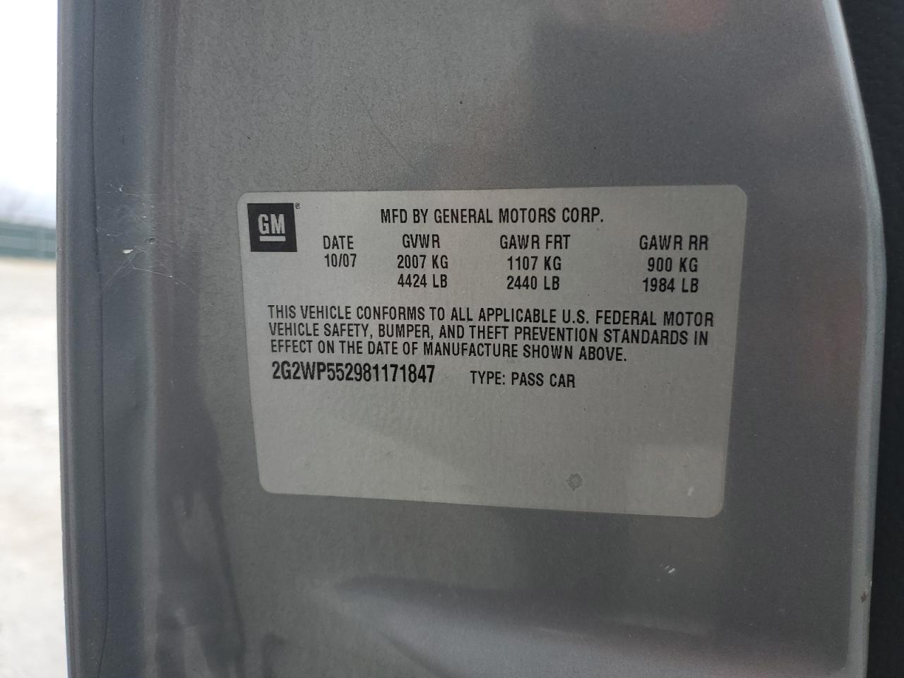 2008 Pontiac Grand Prix VIN 2G2WP552981171847 Copart auction photo, all over damage thumbnail 12