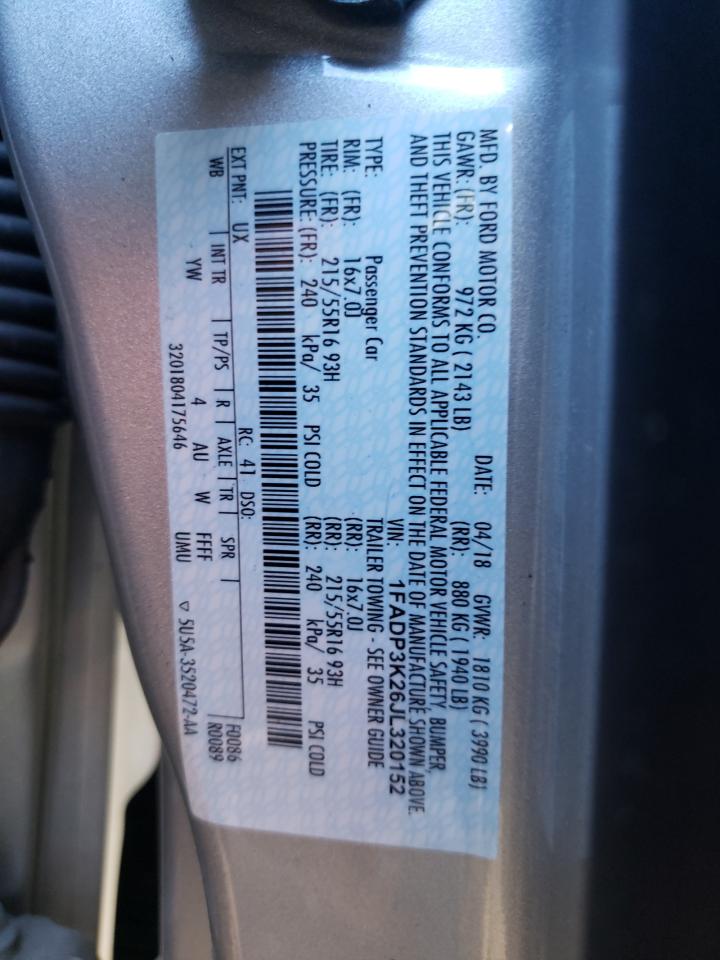 2018 Ford Focus VIN 1FADP3K26JL320152 Copart auction photo, front end damage thumbnail 12