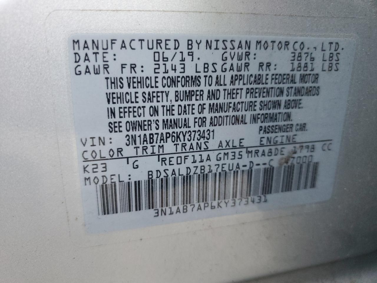 2019 Nissan Sentra VIN 3N1AB7AP6KY373431 Copart auction photo, front end damage thumbnail 12