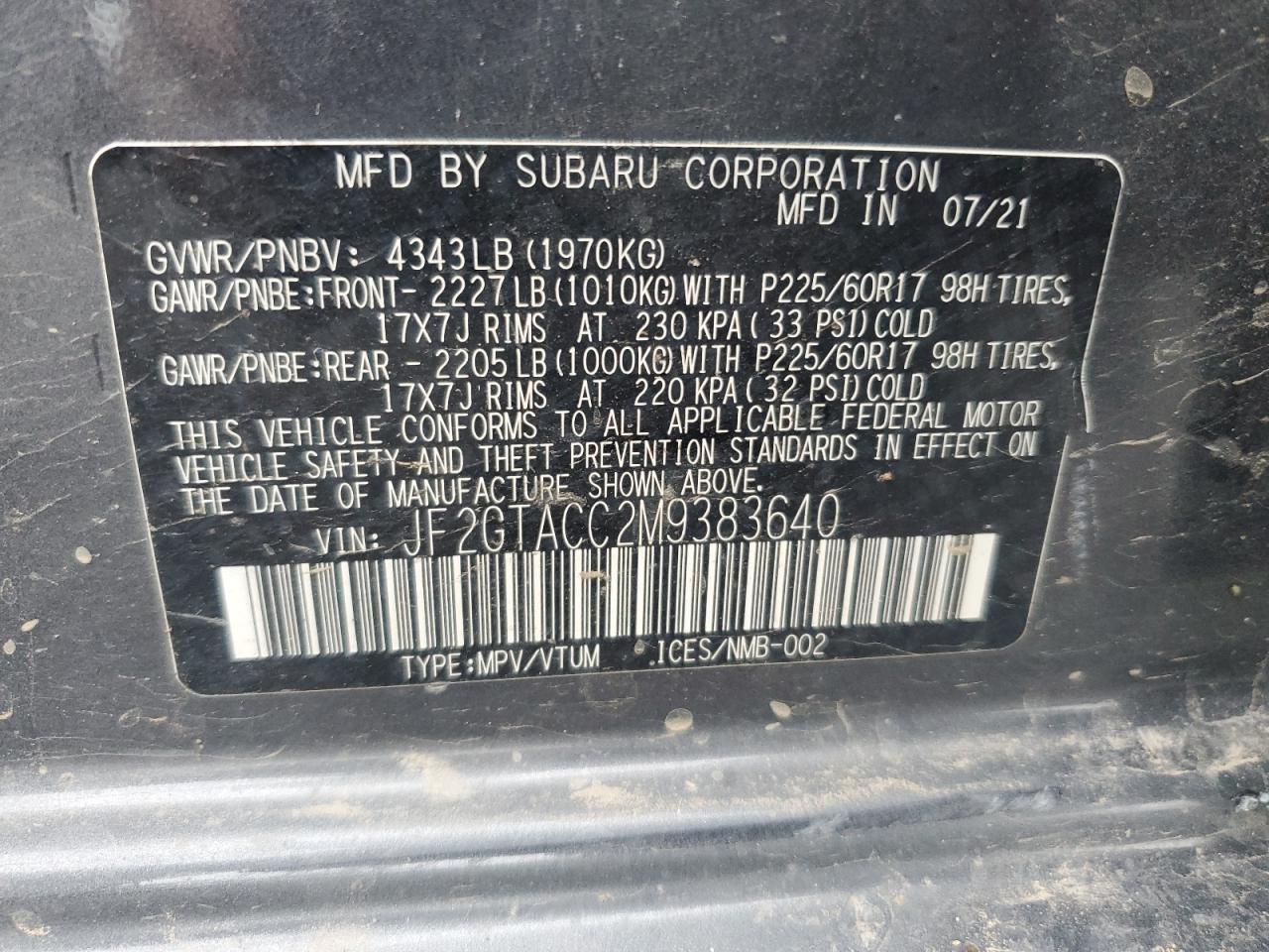 2021 Subaru XV VIN JF2GTACC2M9383640 Copart auction photo, front end / side damage thumbnail 14