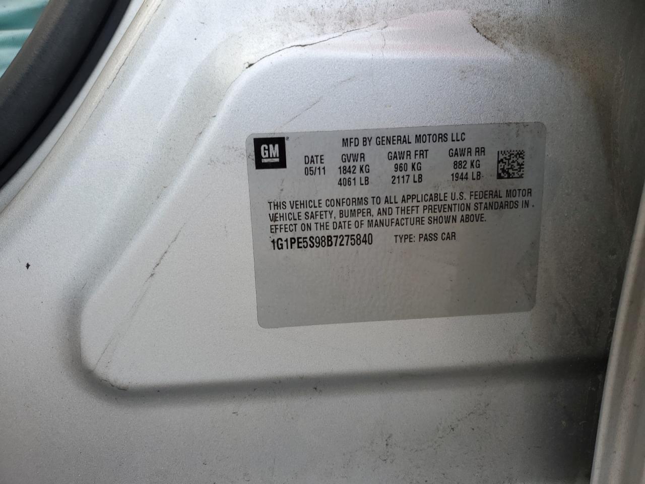 2011 Chevrolet Cruze VIN 1G1PE5S98B7275840 Copart auction photo, burn - engine / burn - interior damage thumbnail 12