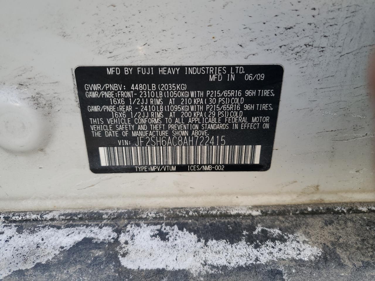 2010 Subaru Forester VIN JF2SH6AC8AH722415 Copart auction photo, front end damage thumbnail 12
