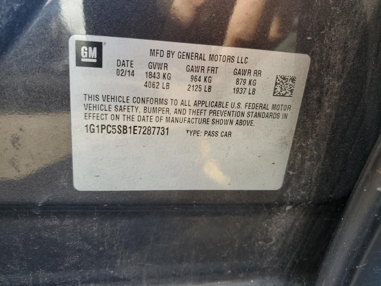 2014 Chevrolet Cruze VIN 1G1PC5SB1E7287731 Copart auction photo, vandalism / minor dent/scratches damage thumbnail 12