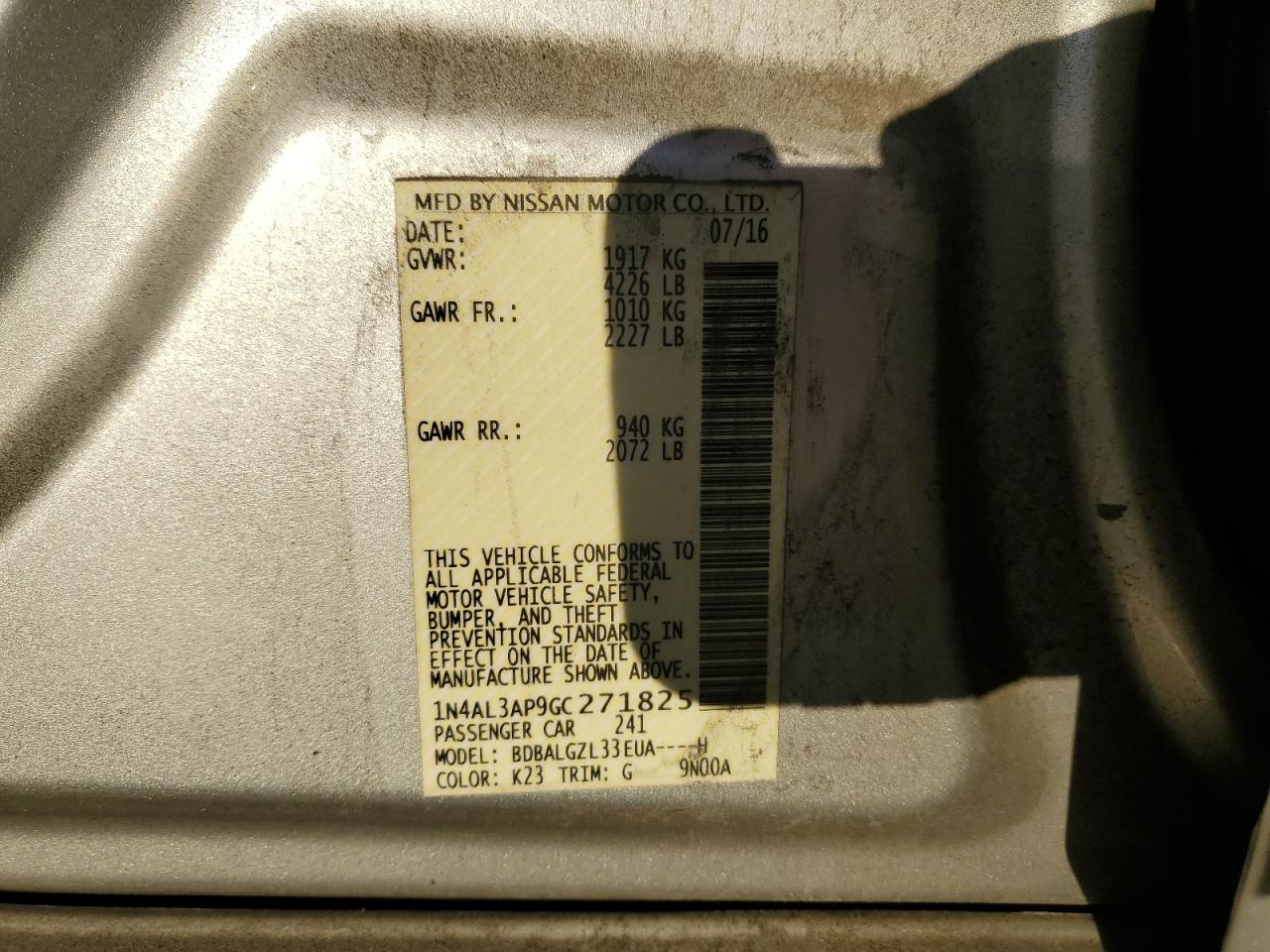 2016 Nissan Altima VIN 1N4AL3AP9GC271825 Copart auction photo, side / undercarriage damage thumbnail 12