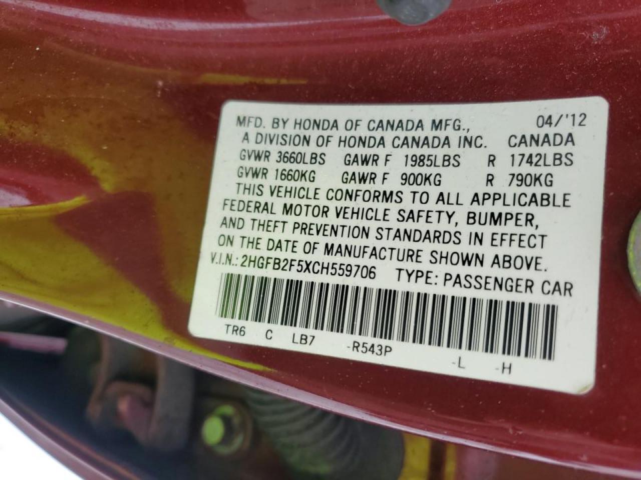 2012 Honda Civic VIN 2HGFB2F5XCH559706 Copart auction photo, front end / minor dent/scratches damage thumbnail 12
