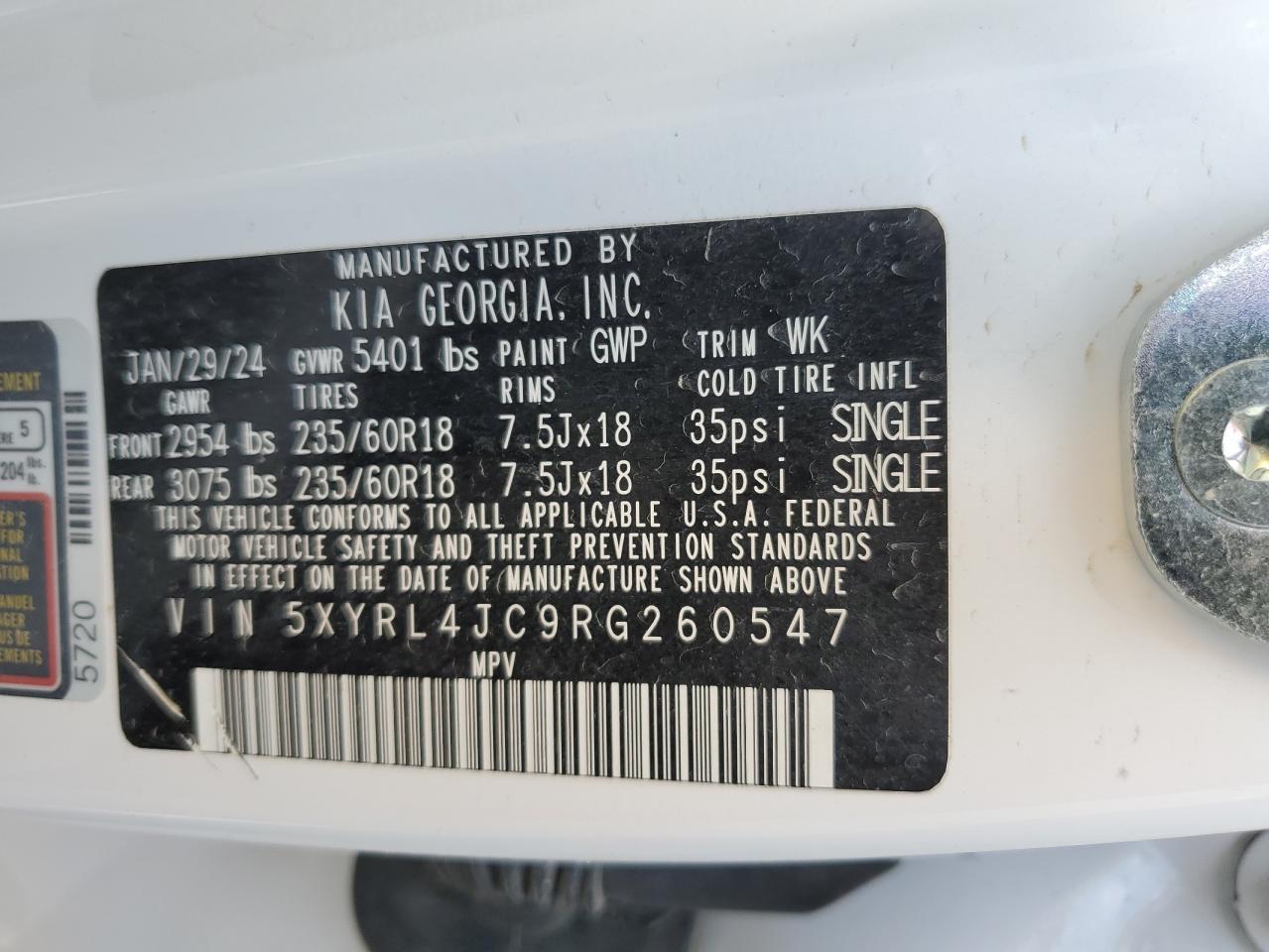 2024 KIA Sorento VIN 5XYRL4JC9RG260547 Copart auction photo, all over damage thumbnail 13