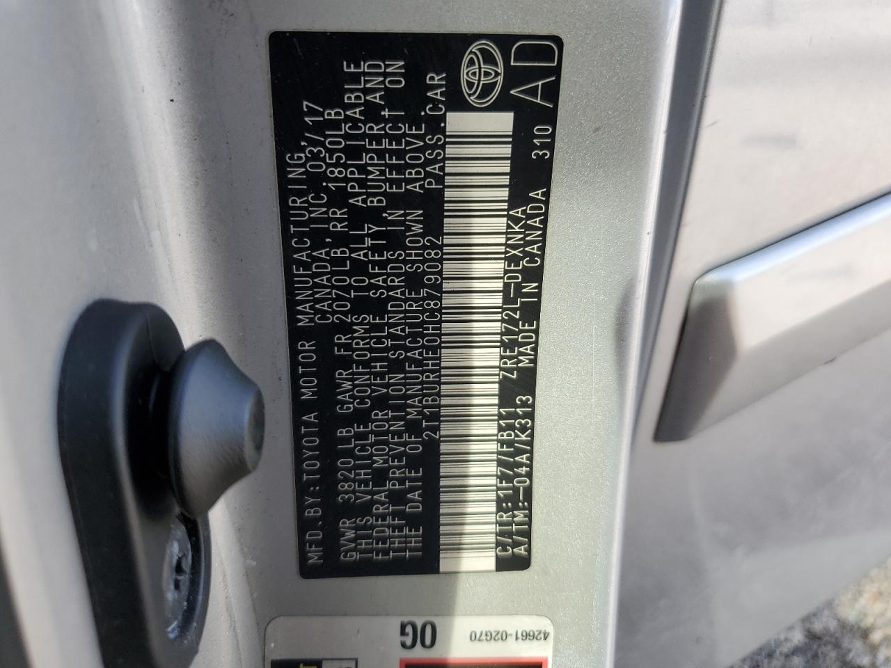 2017 Toyota Corolla VIN 2T1BURHE0HC879082 Copart auction photo, burn damage thumbnail 13