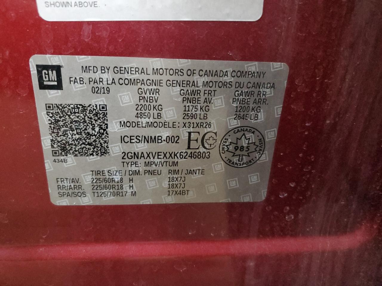 2019 Chevrolet Equinox VIN 2GNAXVEXXK6246803 Copart auction photo, rear end damage thumbnail 13