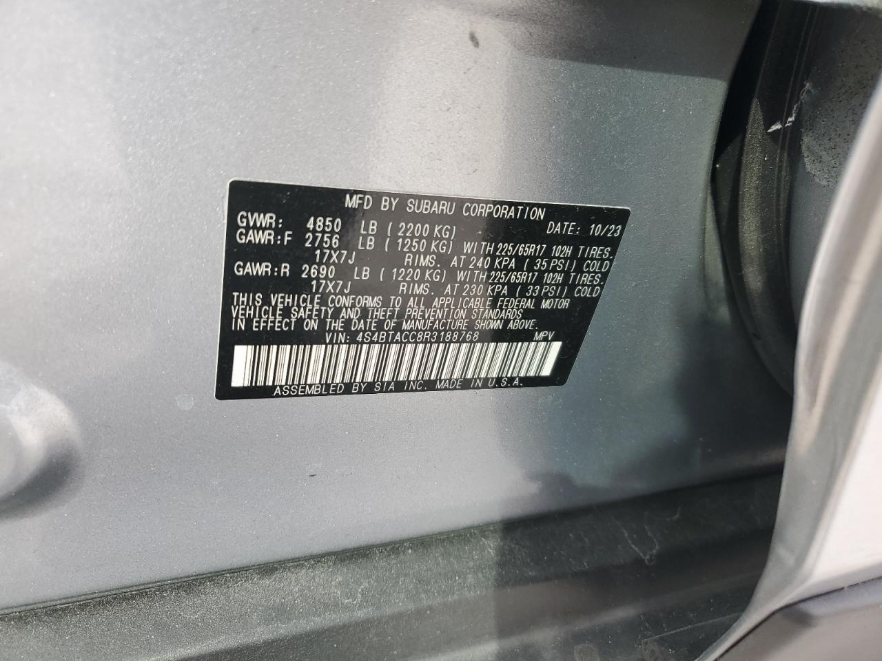 2024 Subaru Outback VIN 4S4BTACC8R3188768 Copart auction photo, front end / rear end damage thumbnail 13