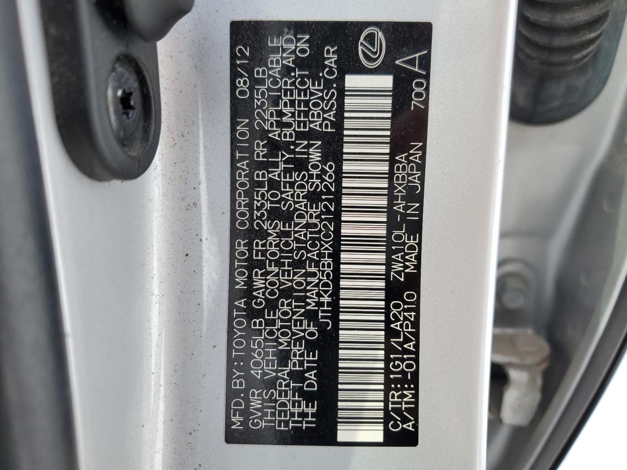 2012 Lexus CT VIN JTHKD5BHXC2121266 Copart auction photo, front end / rear end damage thumbnail 14