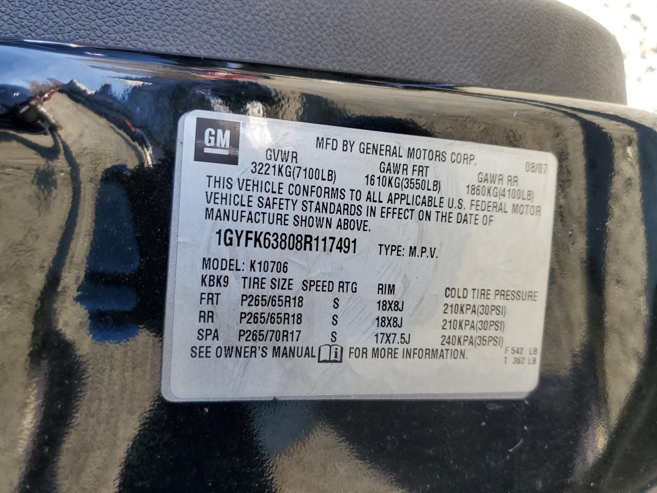2008 Cadillac Escalade VIN 1GYFK63808R117491 Copart auction photo, all over damage thumbnail 14