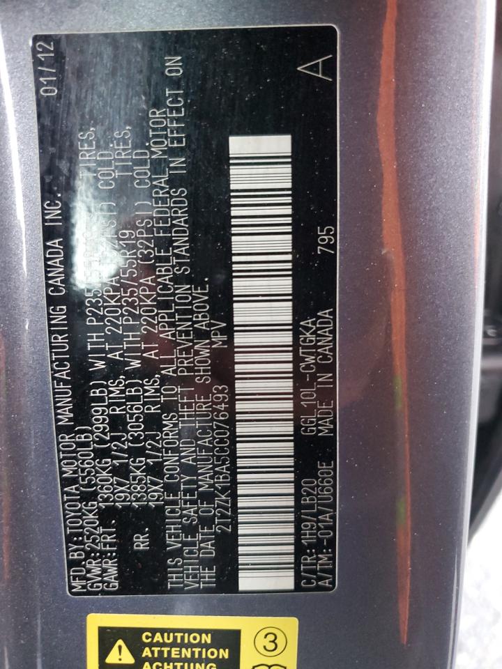 2012 Lexus RX VIN 2T2ZK1BA5CC076493 Copart auction photo, front end damage thumbnail 15