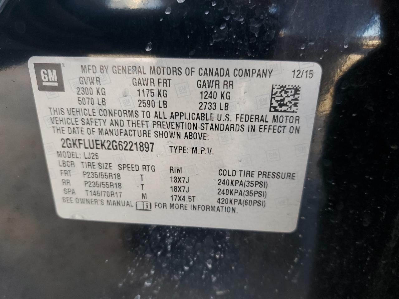 2016 GMC Terrain VIN 2GKFLUEK2G6221897 Copart auction photo, front end damage thumbnail 13