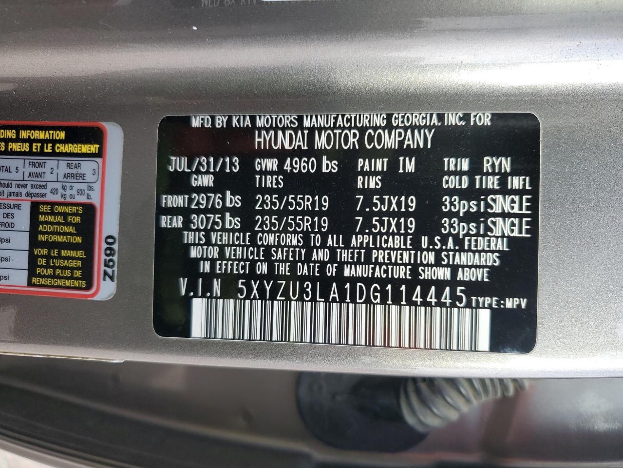2013 Hyundai Santa Fe VIN 5XYZU3LA1DG114445 Copart auction photo, front end damage thumbnail 15