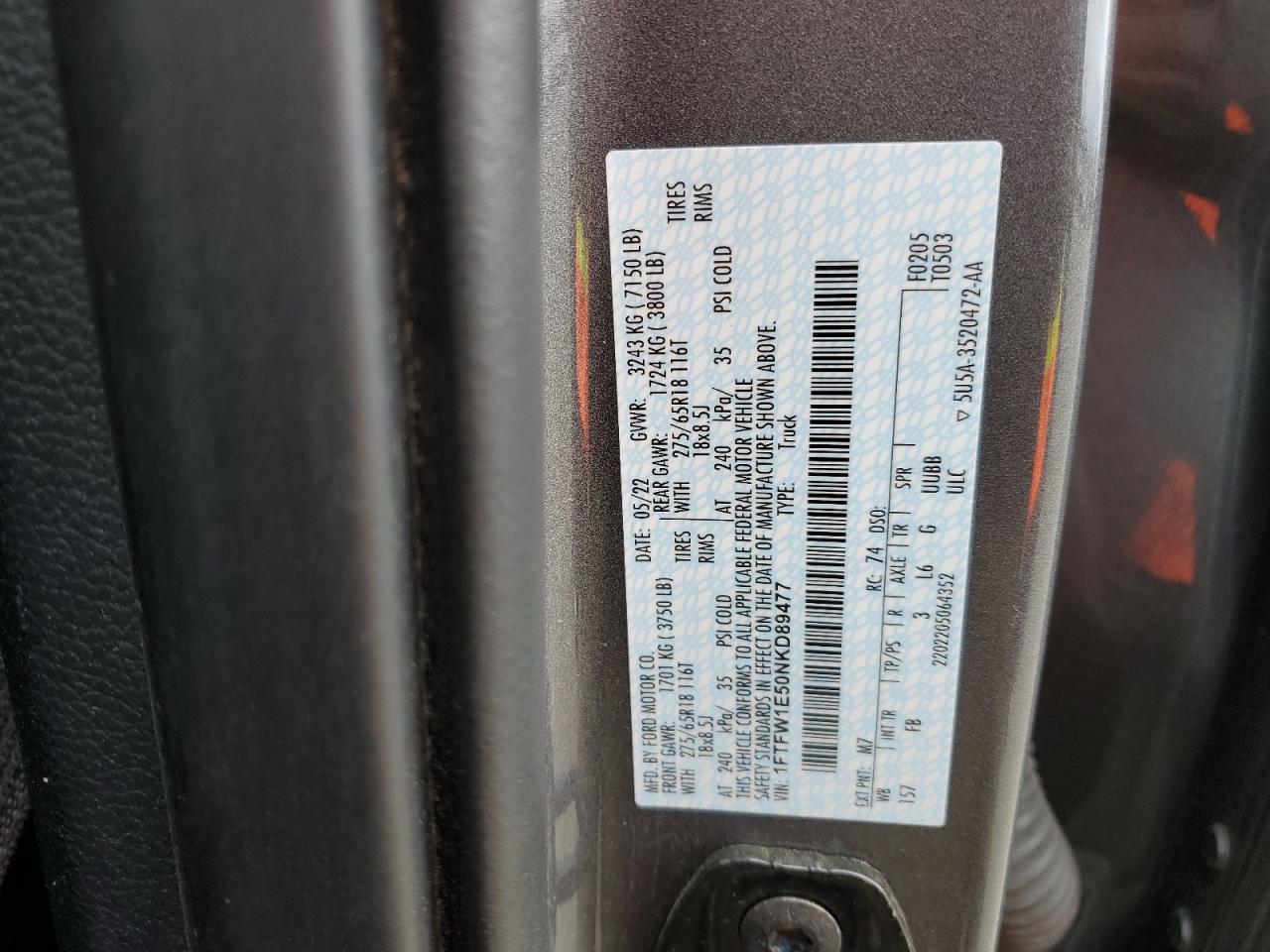 2022 Ford F-150 VIN 1FTFW1E50NKD89477 Copart auction photo, water/flood damage thumbnail 12