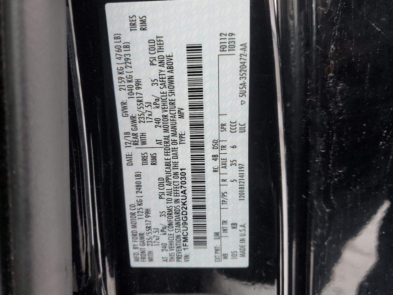 2019 Ford Escape VIN 1FMCU9GD2KUA70301 Copart auction photo, all over damage thumbnail 15