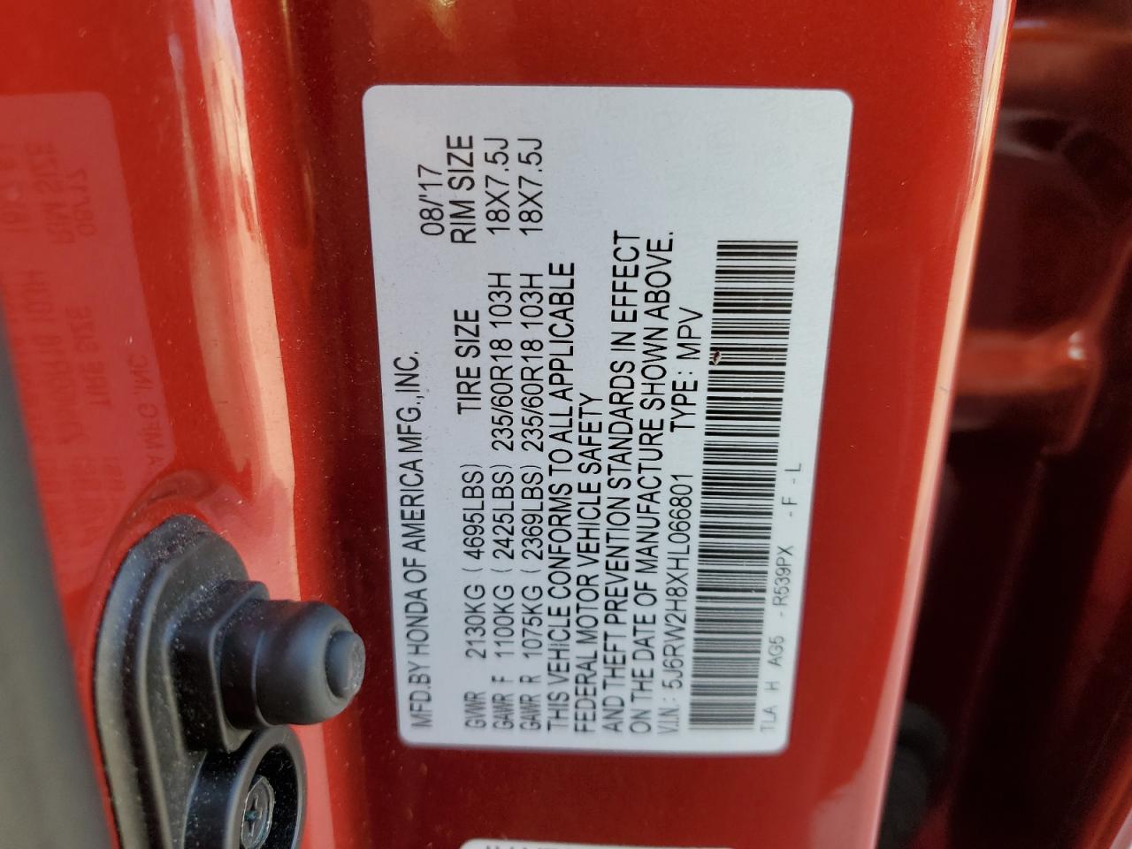 2017 Honda CR-V VIN 5J6RW2H8XHL066801 Copart auction photo, front end / side damage thumbnail 15