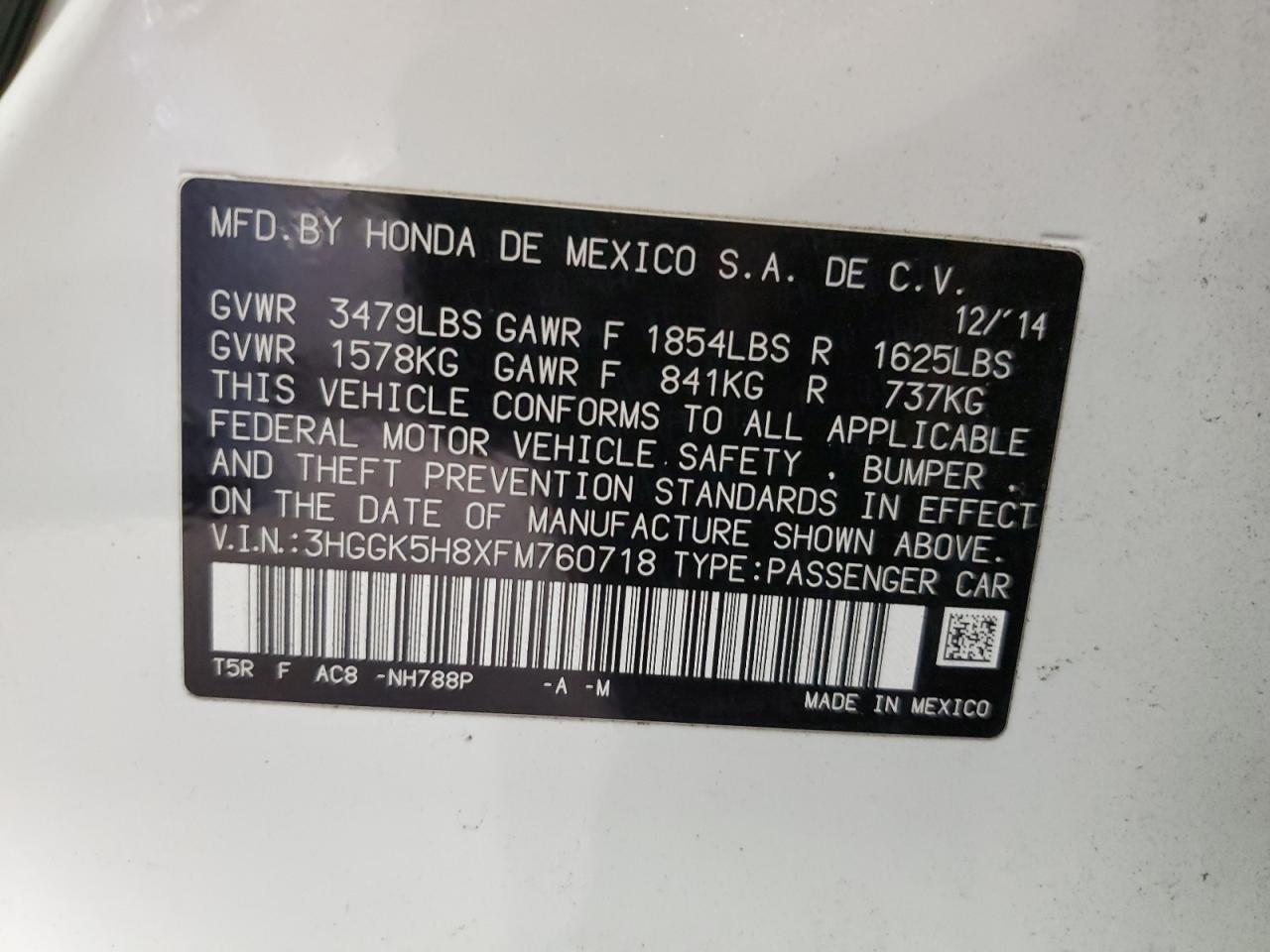 2015 Honda Fit VIN 3HGGK5H8XFM760718 Copart auction photo, front end damage thumbnail 12