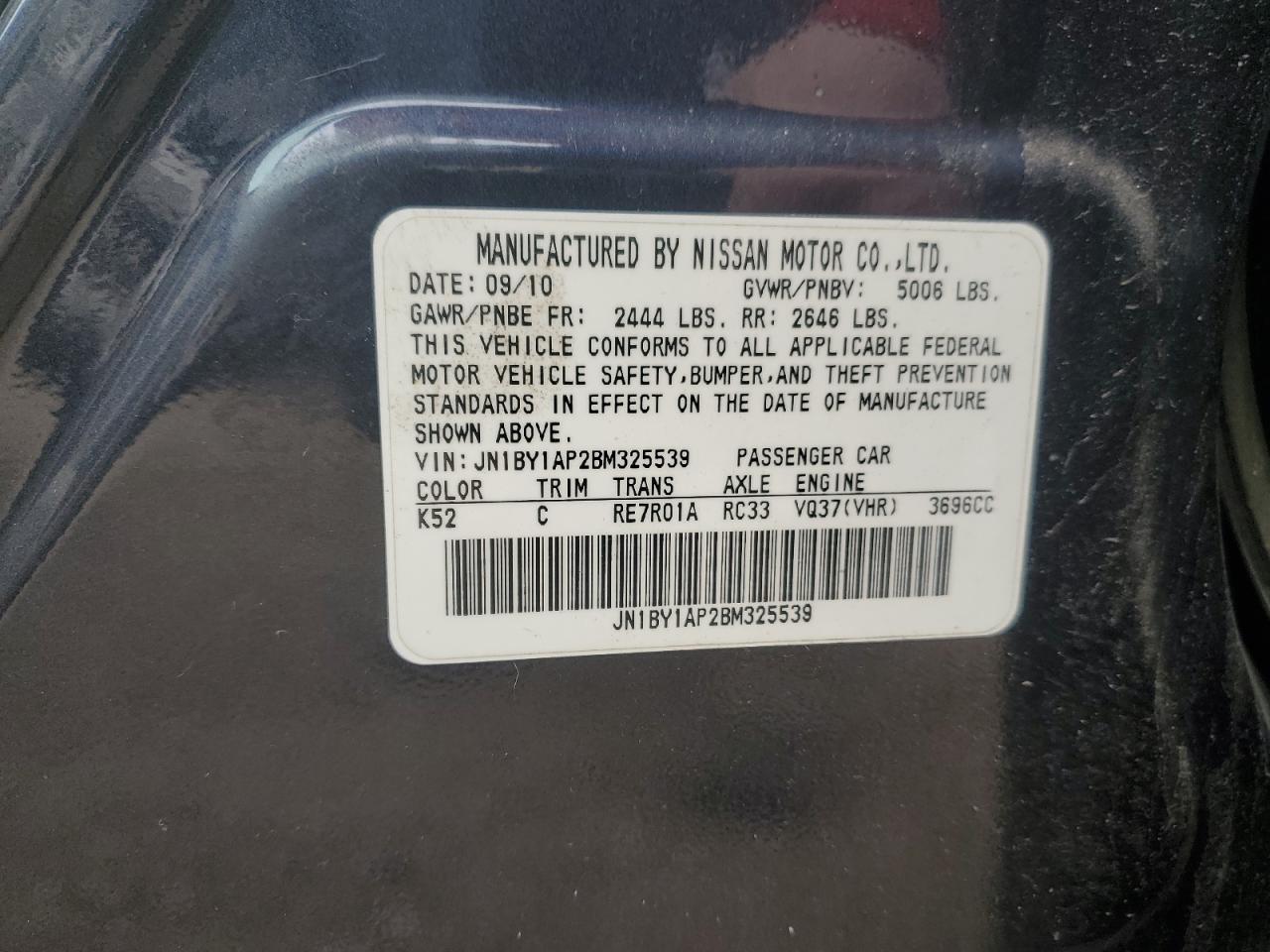 2011 Infiniti M VIN JN1BY1AP2BM325539 Copart auction photo, front end / rear end damage thumbnail 12