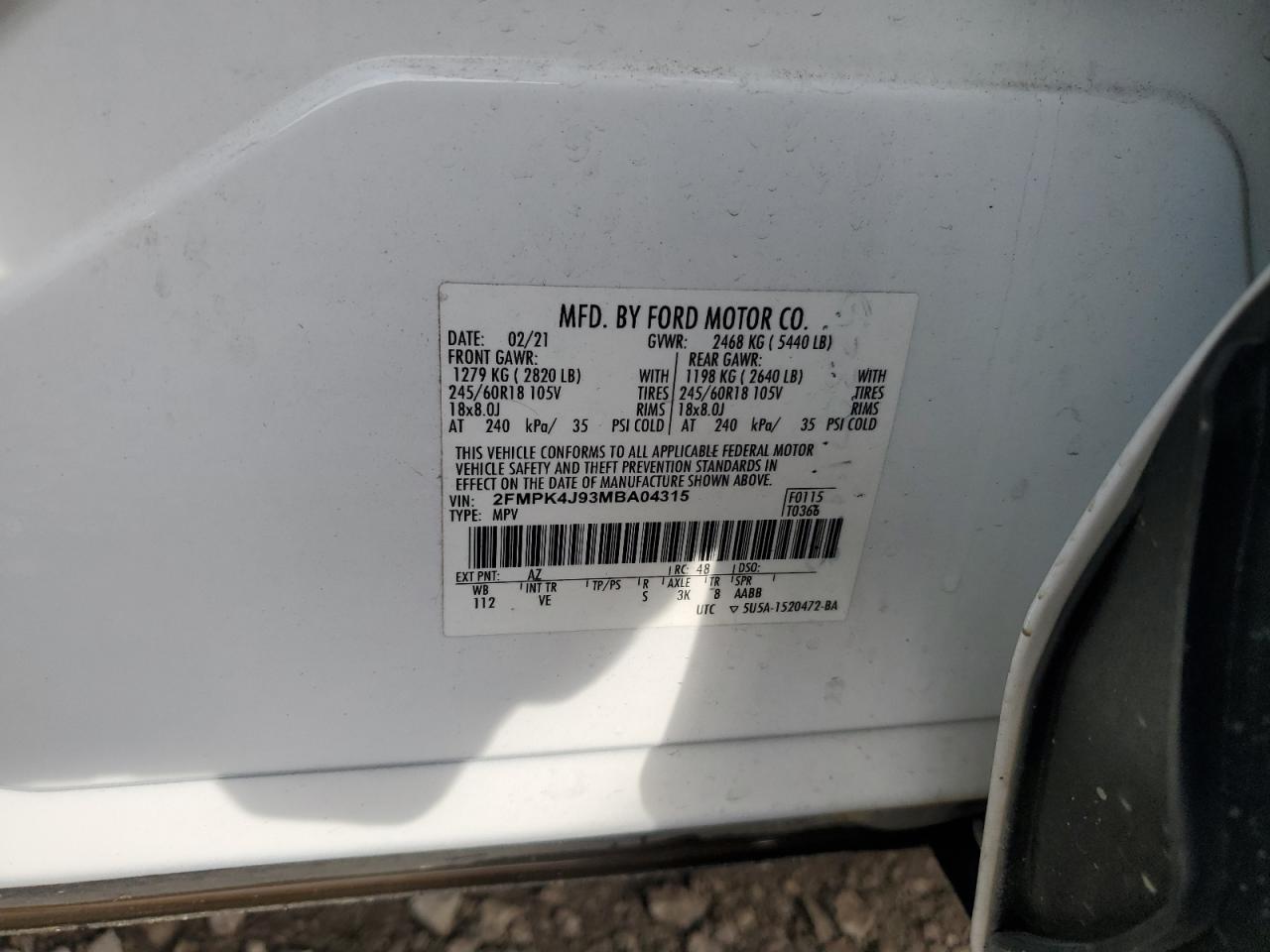 2021 Ford Edge VIN 2FMPK4J93MBA04315 Copart auction photo, front end damage thumbnail 14