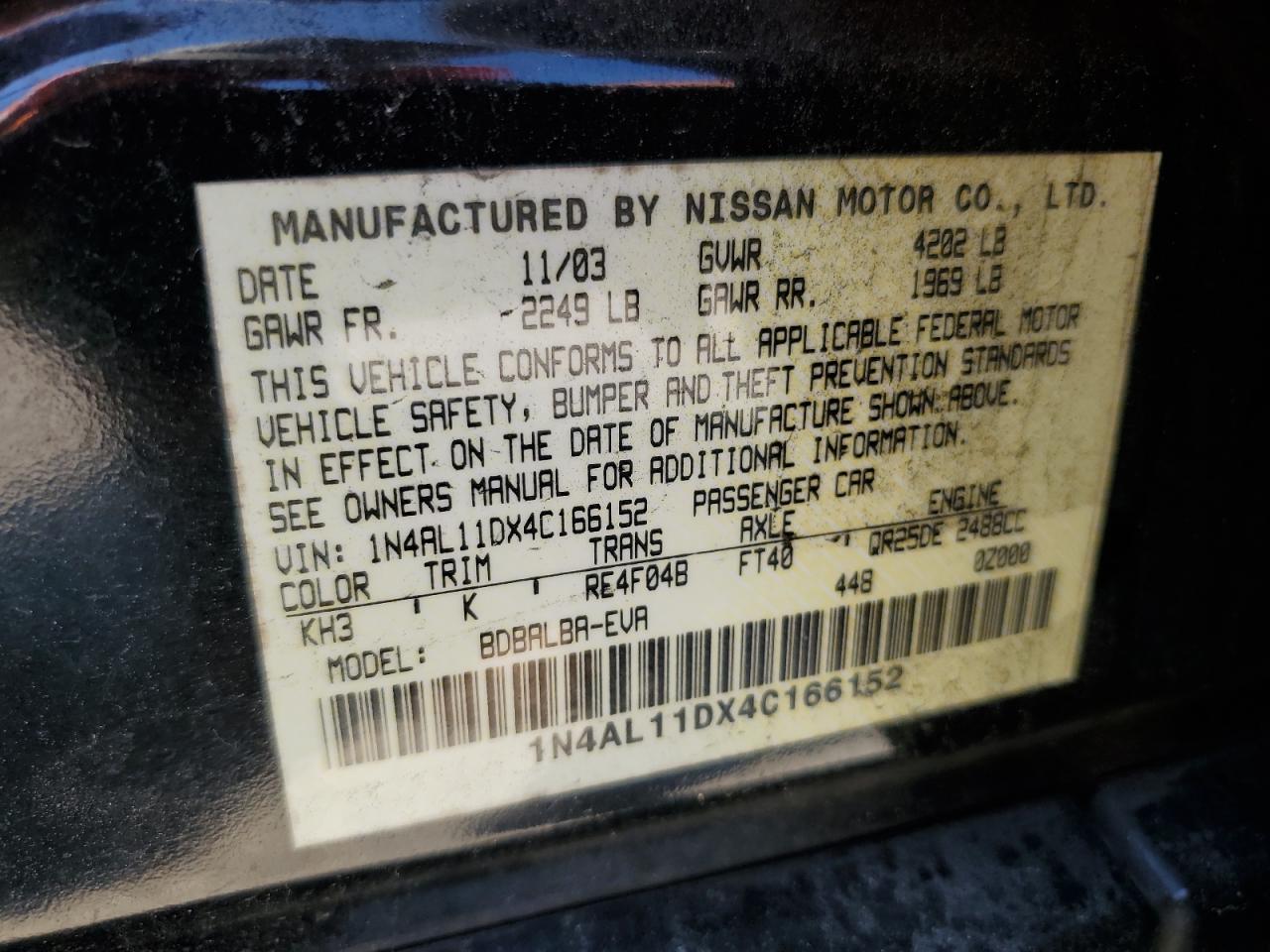 2004 Nissan Altima VIN 1N4AL11DX4C166152 Copart auction photo, side damage thumbnail 12