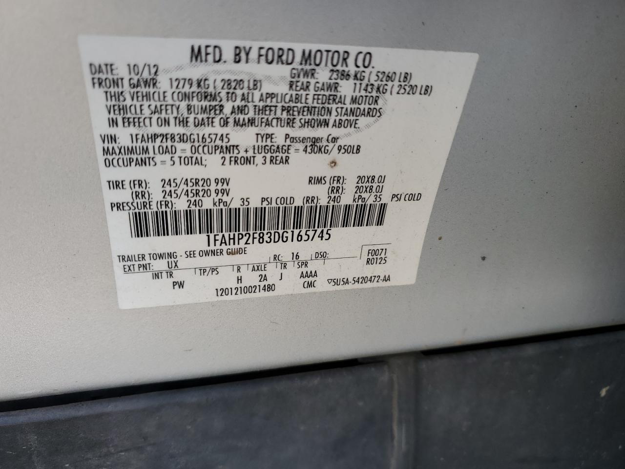 2013 Ford Taurus VIN 1FAHP2F83DG165745 Copart auction photo, side damage thumbnail 12