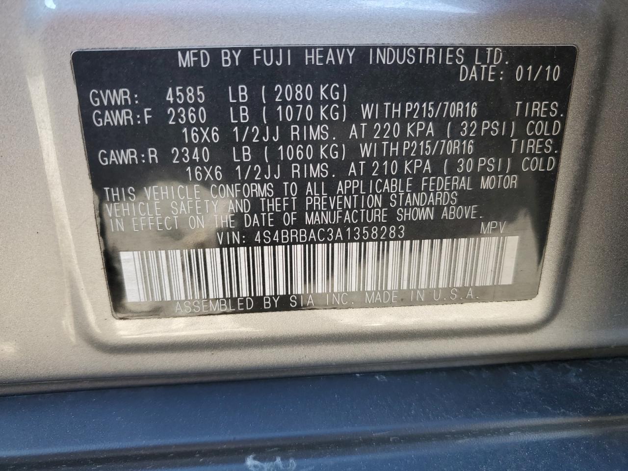 2010 Subaru Outback VIN 4S4BRBAC3A1358283 Copart auction photo, rear end damage thumbnail 12